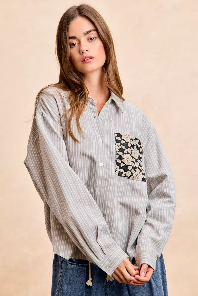 Flower Jacquard Knit Patch Pocket Stripe Shirt