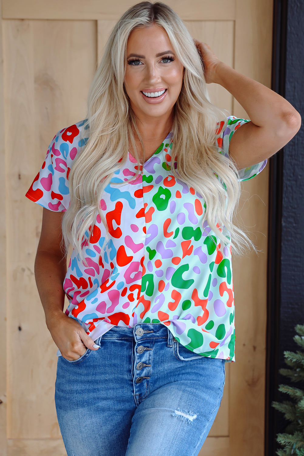 Green Contrast Leopard Print V Neck Short Sleeve Blouse