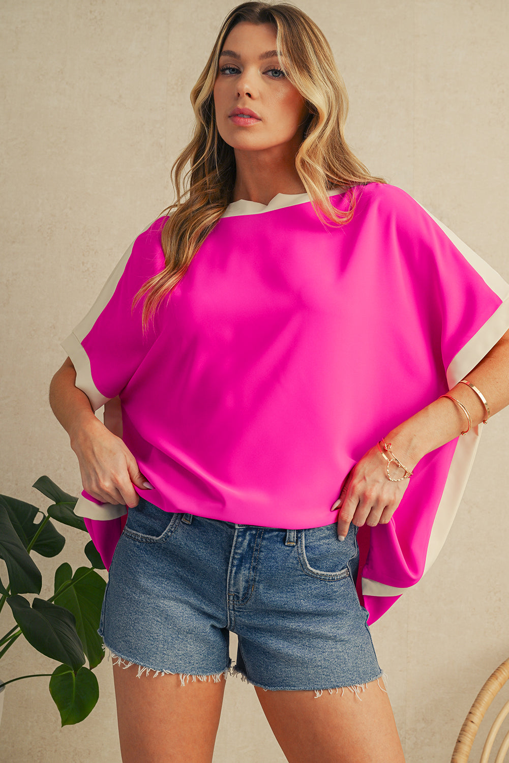 Rose Color Block Boat Neck Tunic Blouse
