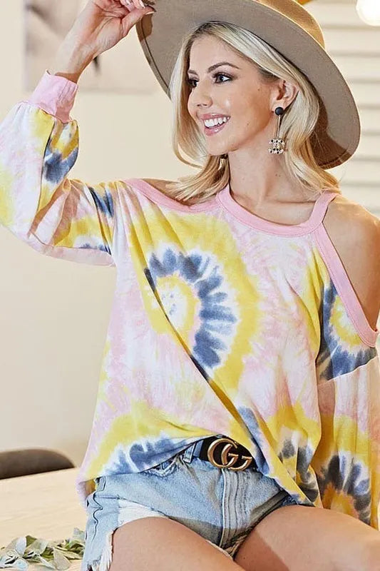 Tie Dye Print Terry Top with Cold Shoulder Detail