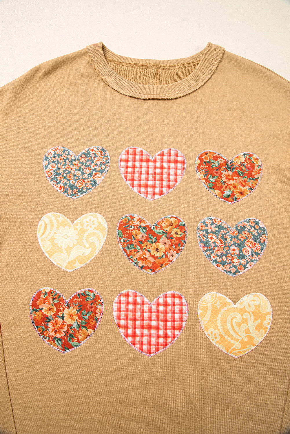 Straw Yellow Plaid Floral Heart Stitched Exposed Seam Mineral Wash Sweatshirt