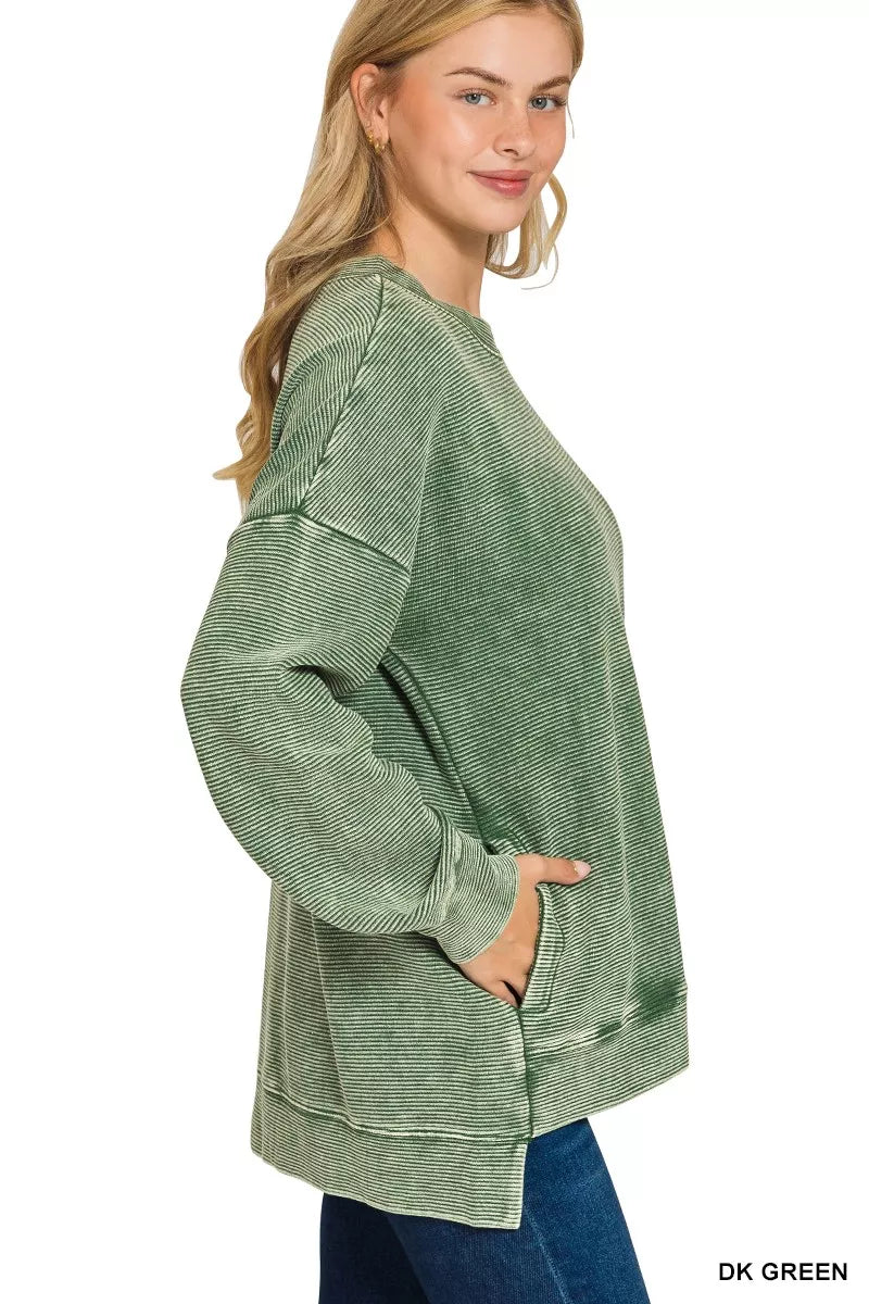 Full Size Acid Washed Double Ribbed Hi-low Sweatshirt Plus Size