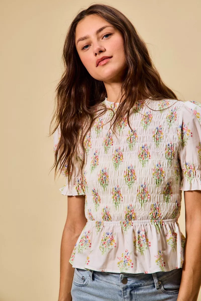 Floral Cotton Smocked Short Sleeves Blouse