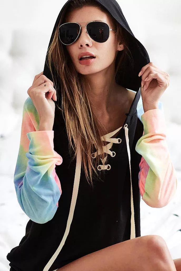 French Terry Lace Up Hoodie With Tie Dye Sleeves