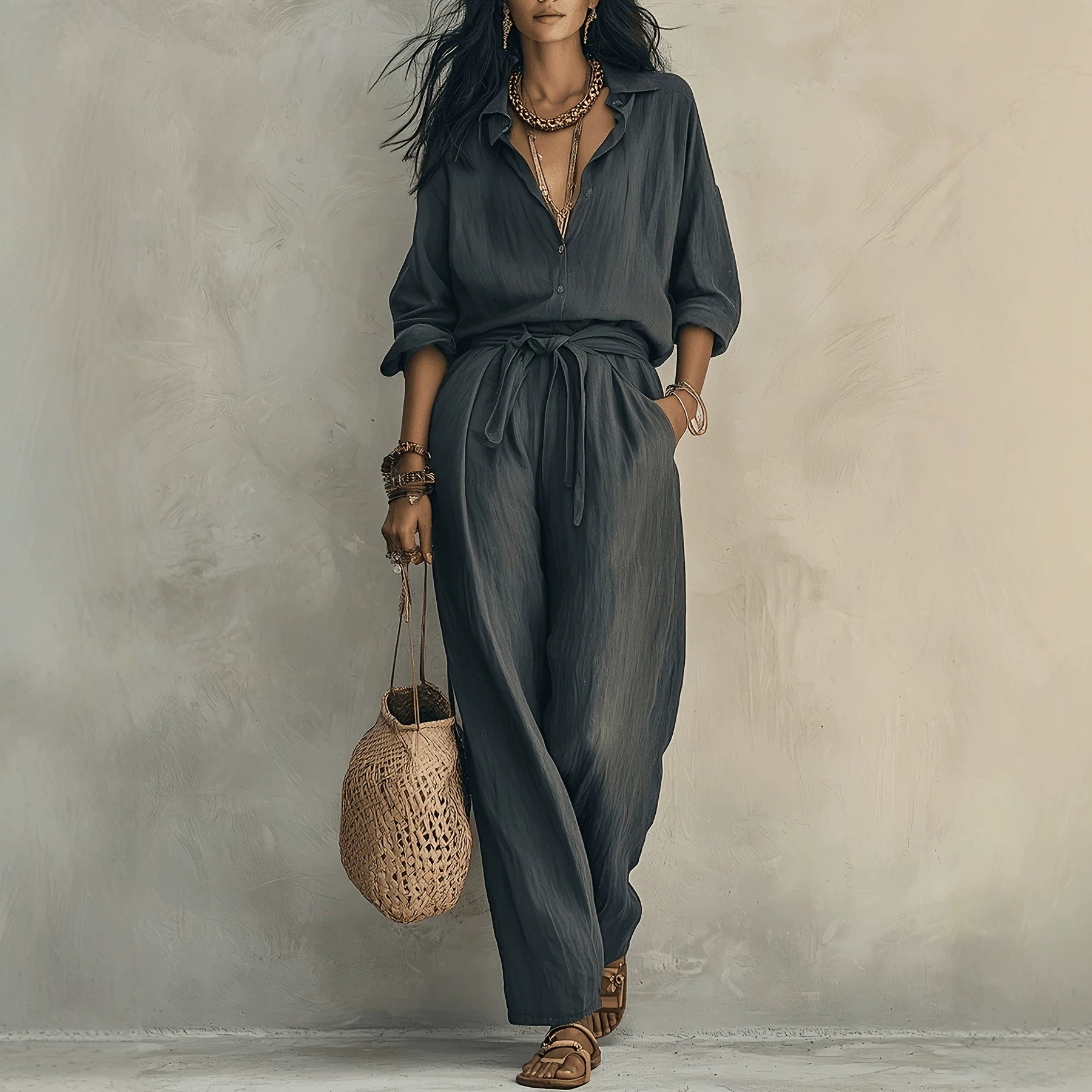 Linen-Look Shirt & Wide-Leg Trouser Set | Drawstring Waist 2-Piece | Gray