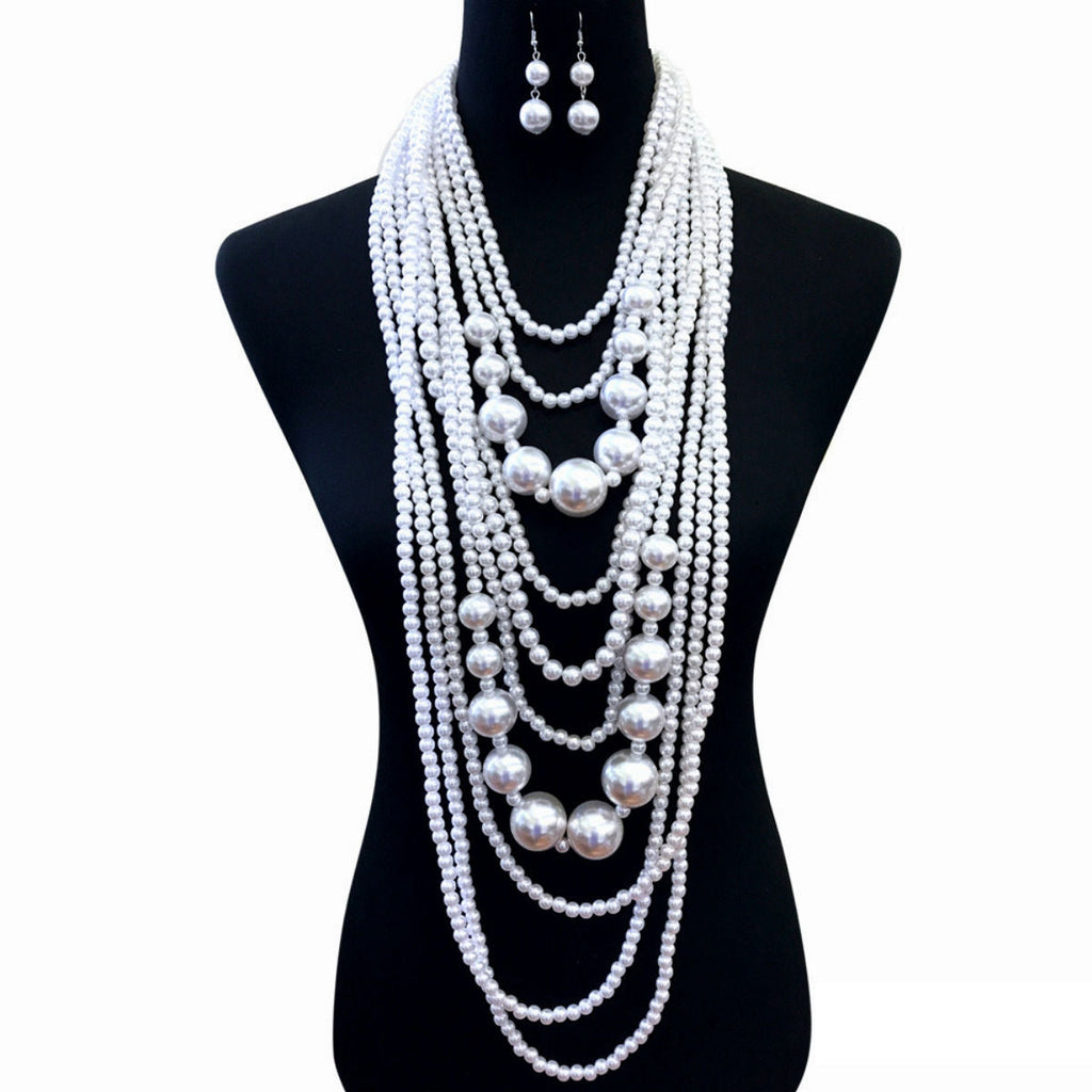 Pearl Necklace Set Long White Elegant Statement Jewelry