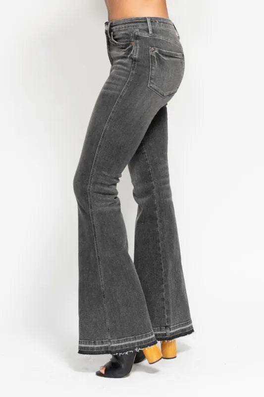 Full Size Mid Rise Tummy Control Washed Gray Release Hem Flare Jeans Plus Size
