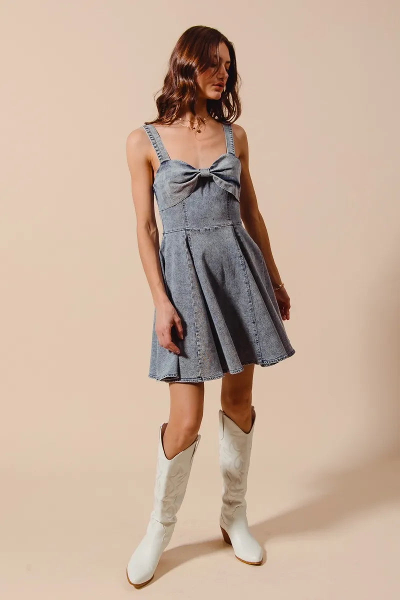 Mineral Washed Bow Ribbon Denim Flare Dress