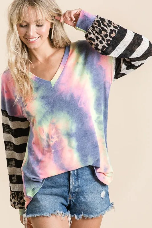 Tie Dye V Neck Top with Stripe Puff Sleeves