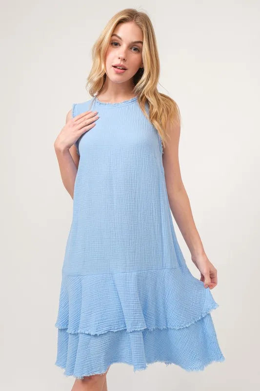 Washed Fringe Detail Tiered Dress