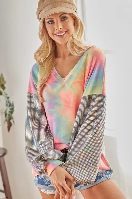 V Neck Tie Dye French Terry Top with Shiny