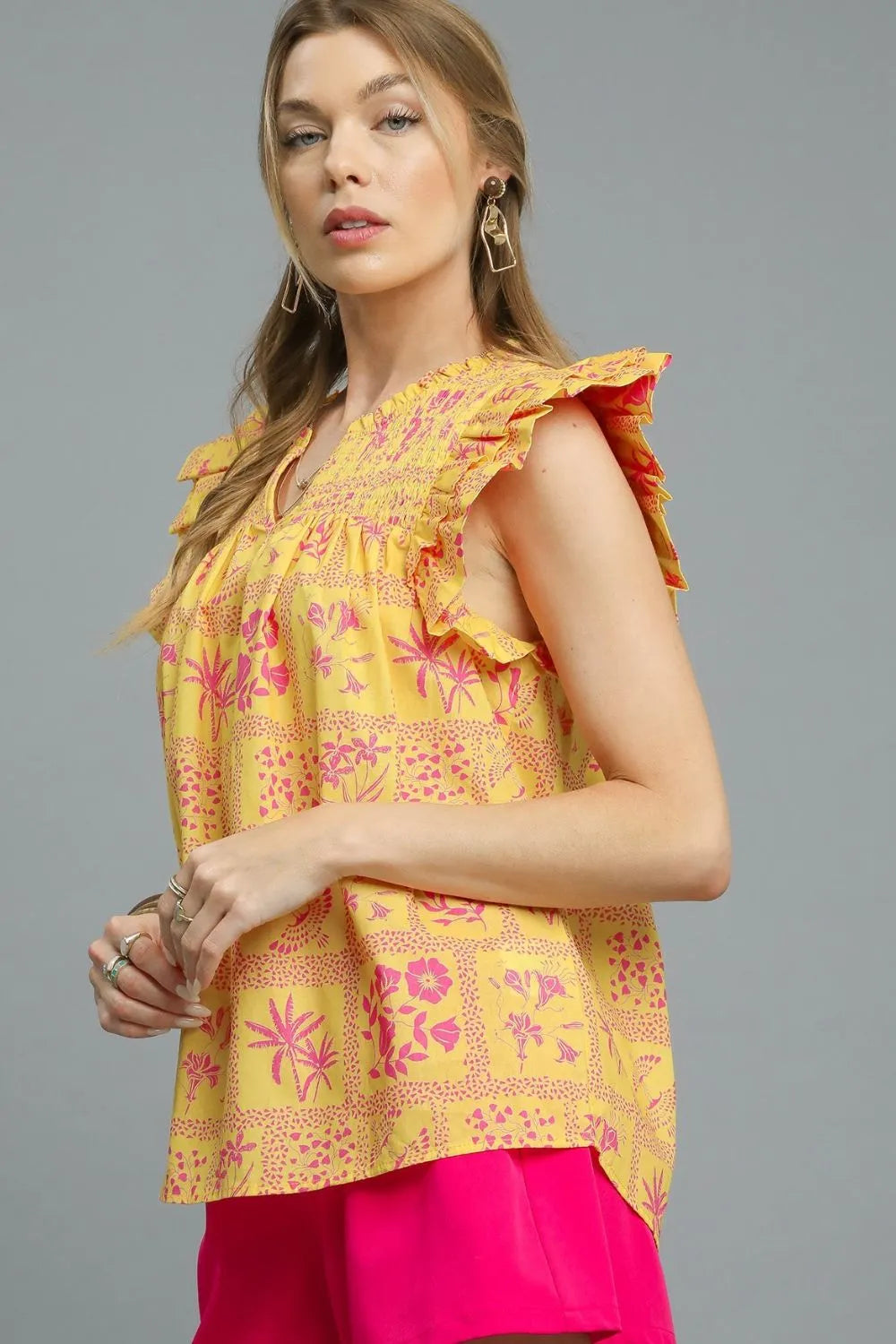 Printed Ruffle Cap Sleeve Blouse