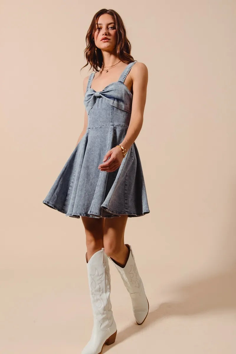 Mineral Washed Bow Ribbon Denim Flare Dress