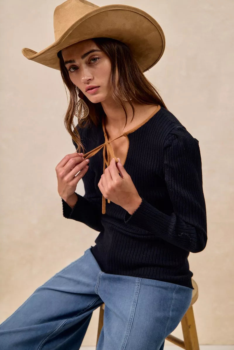 Ribbed Contrast Front Tied Top with Shrried