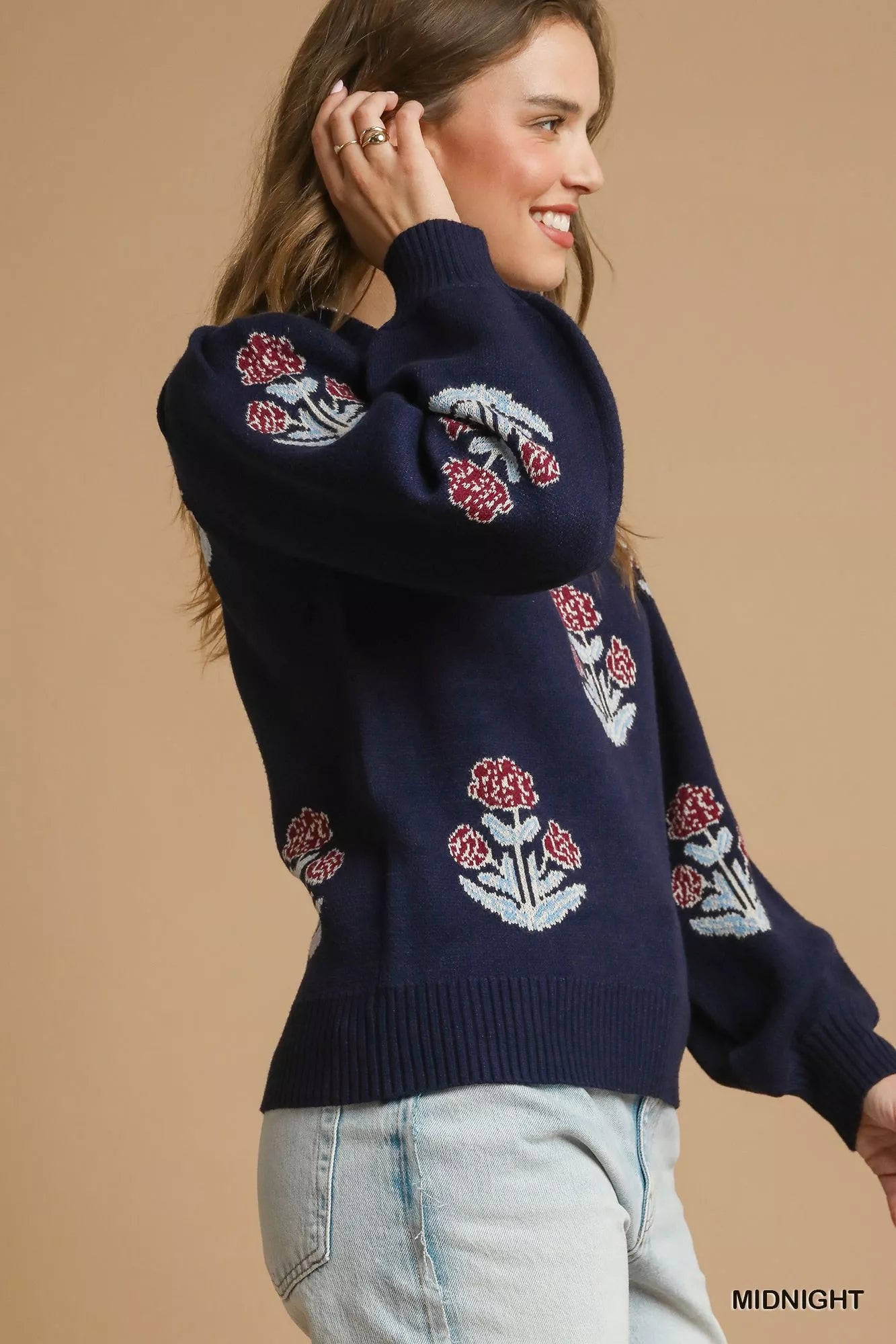 Floral Knit Sweater with Puff Sleeves
