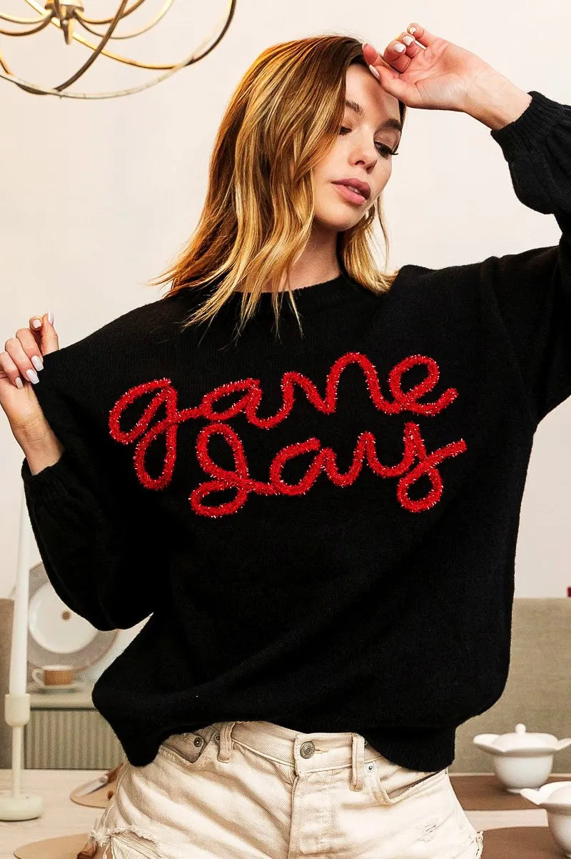 Game Day Metallic Letter Sweater