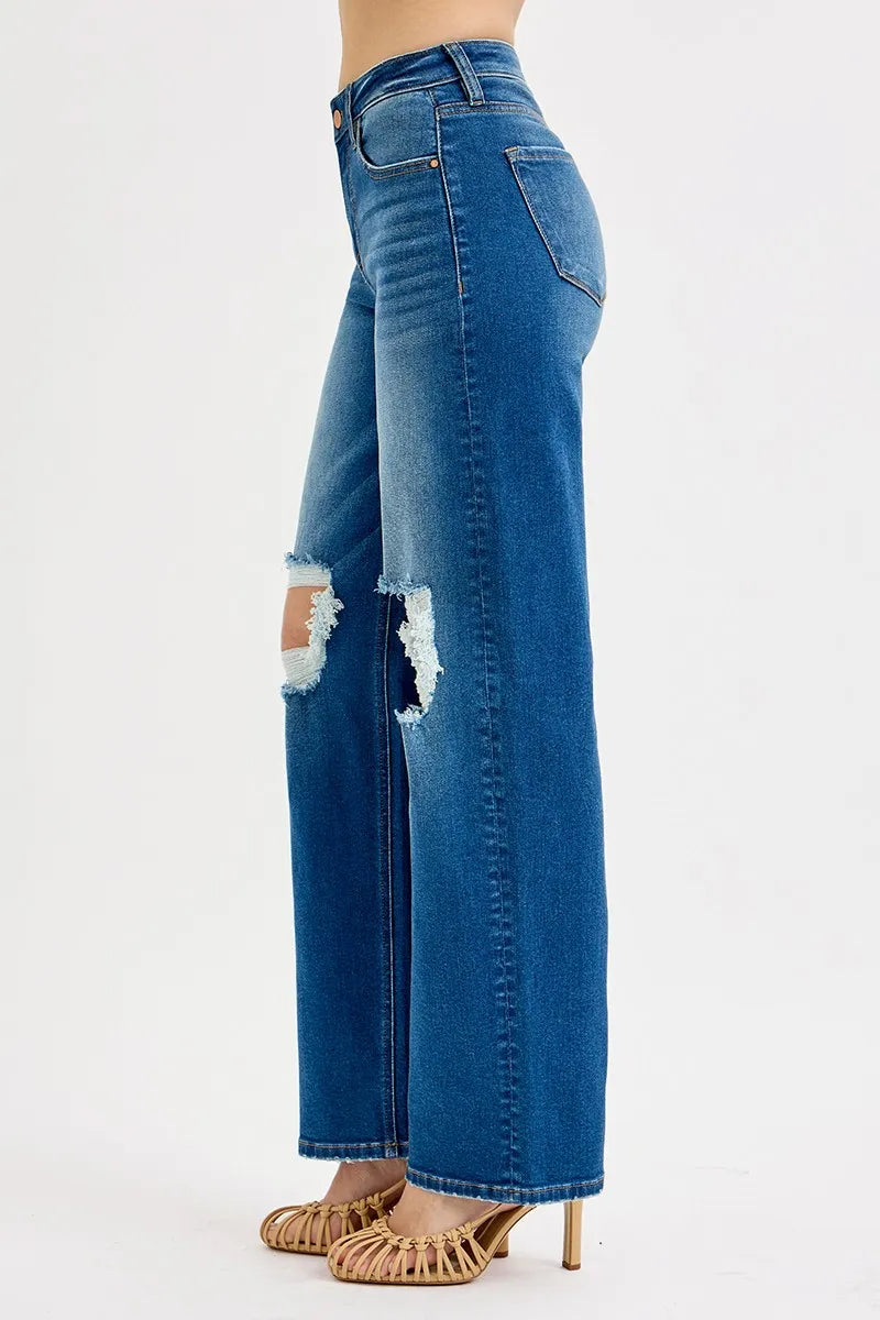 Full Size Mid Waist Fit Boyfriend Knee Distressed Jeans Plus Size