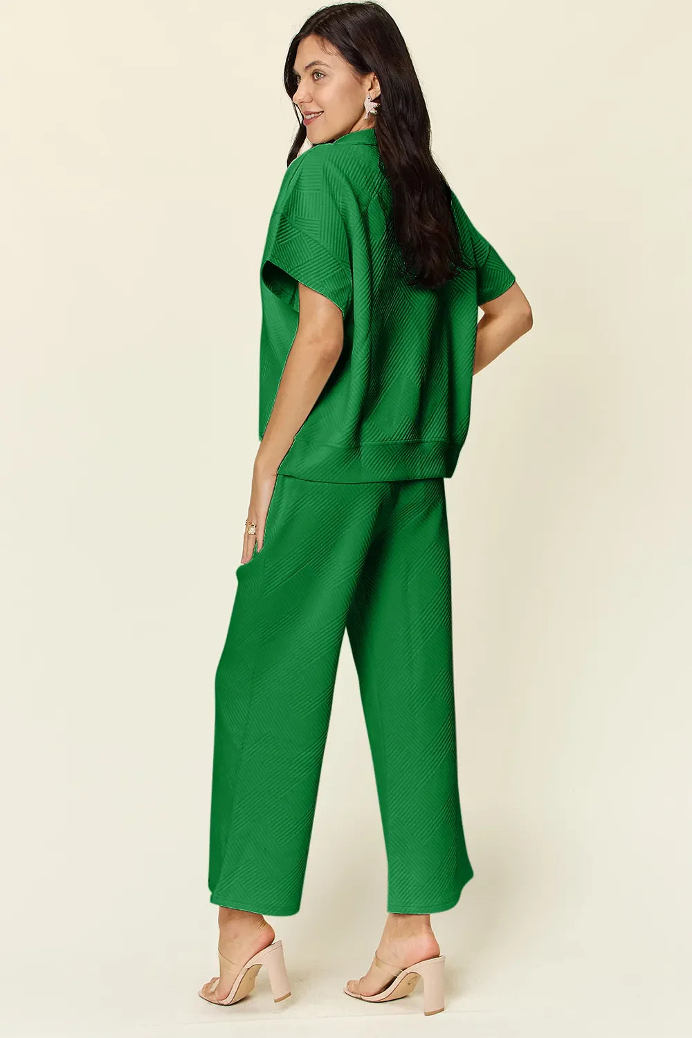 I am a Fashion Junky Full Size Texture Half Zip Short Sleeve Top and Pants Set