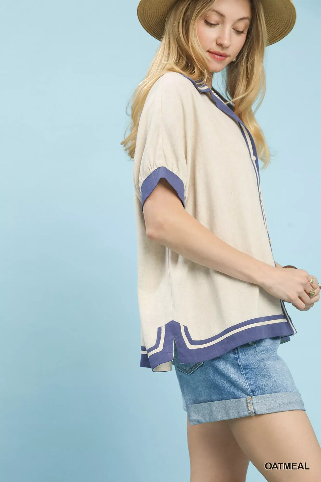 Linen Button Front Top with Contrast Piping