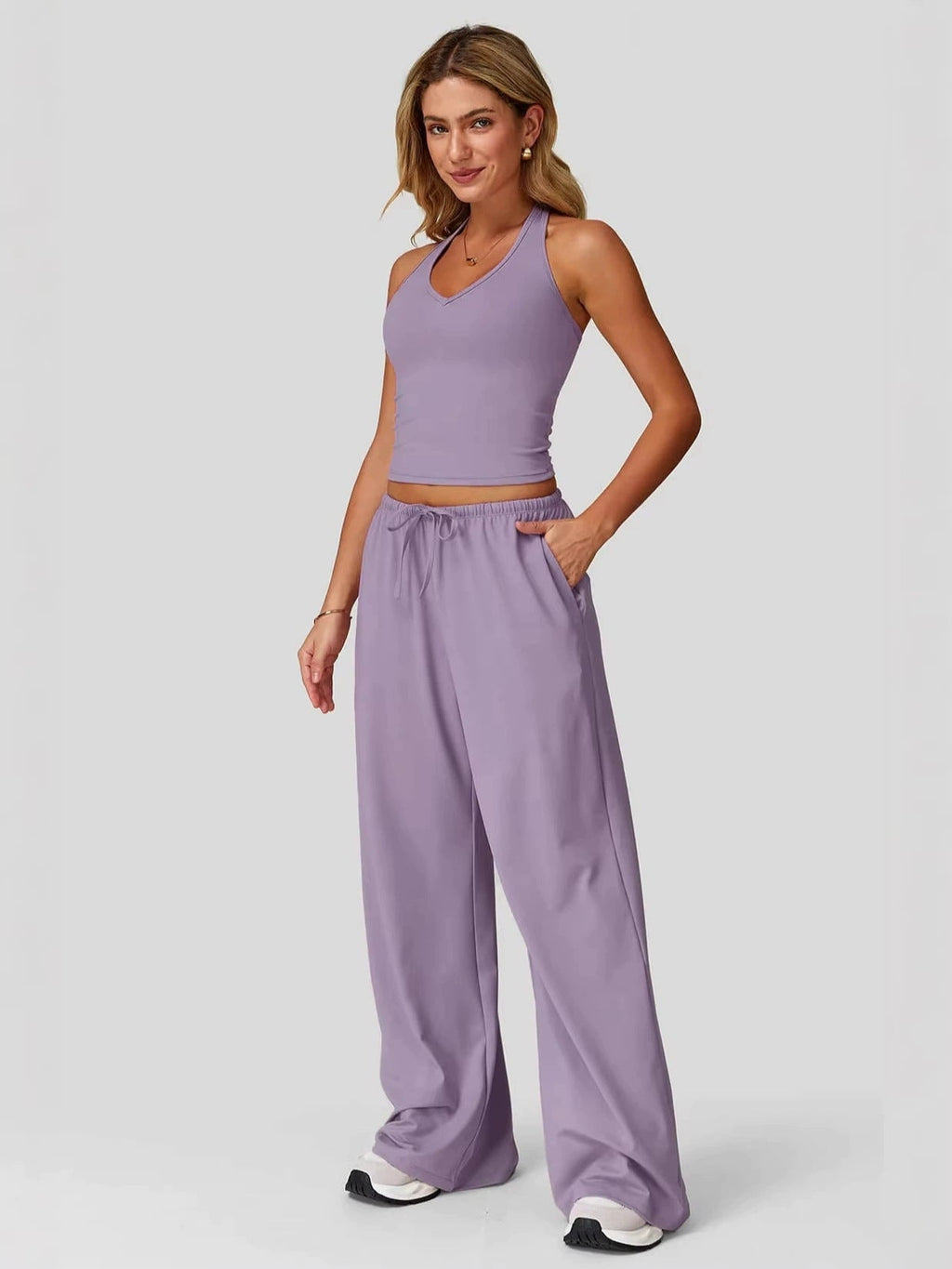 Women's Sporty Crop Tank & Wide-Leg Pants Set