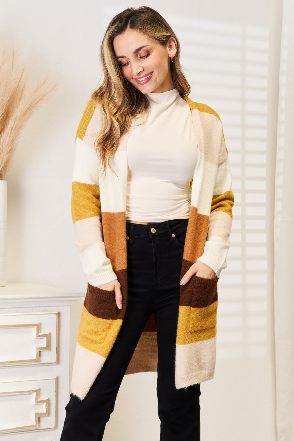 I am a Fashion Junky Woven Right Color Block Dropped Shoulder Cardigan