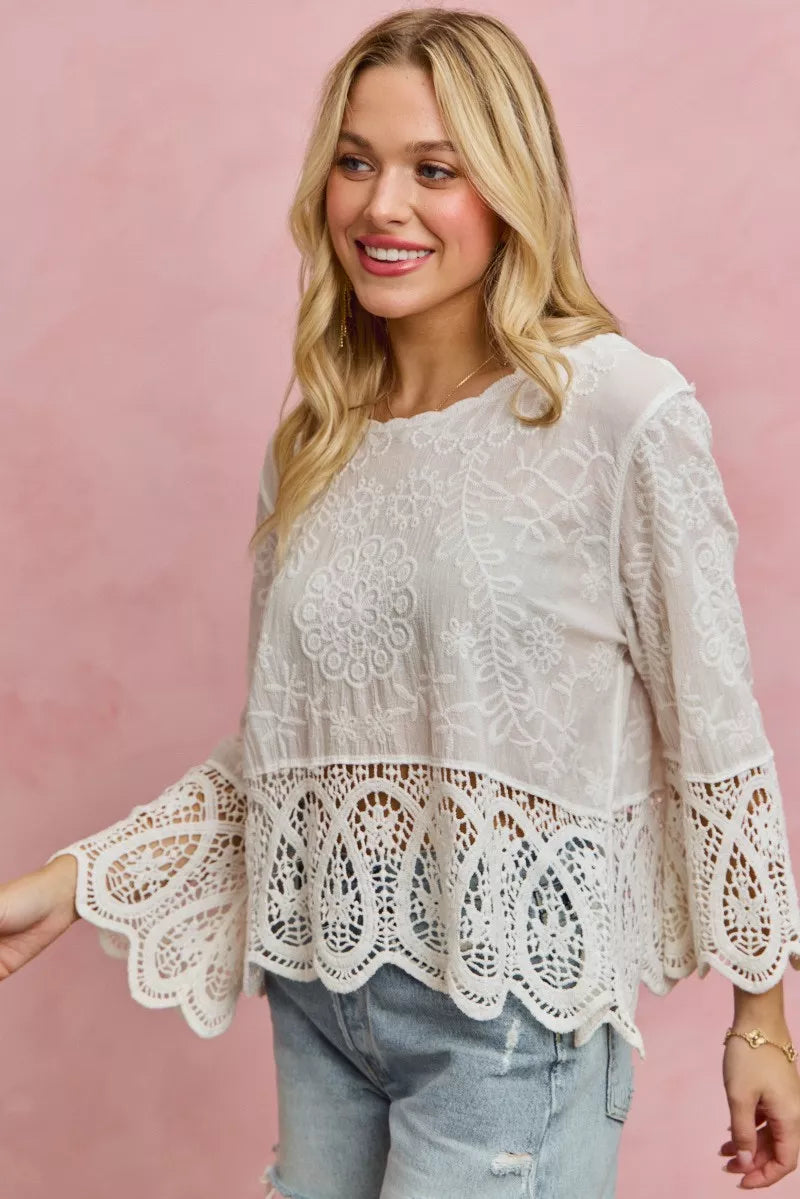 Floral Embroidered Crochet Lace Trimmed Top