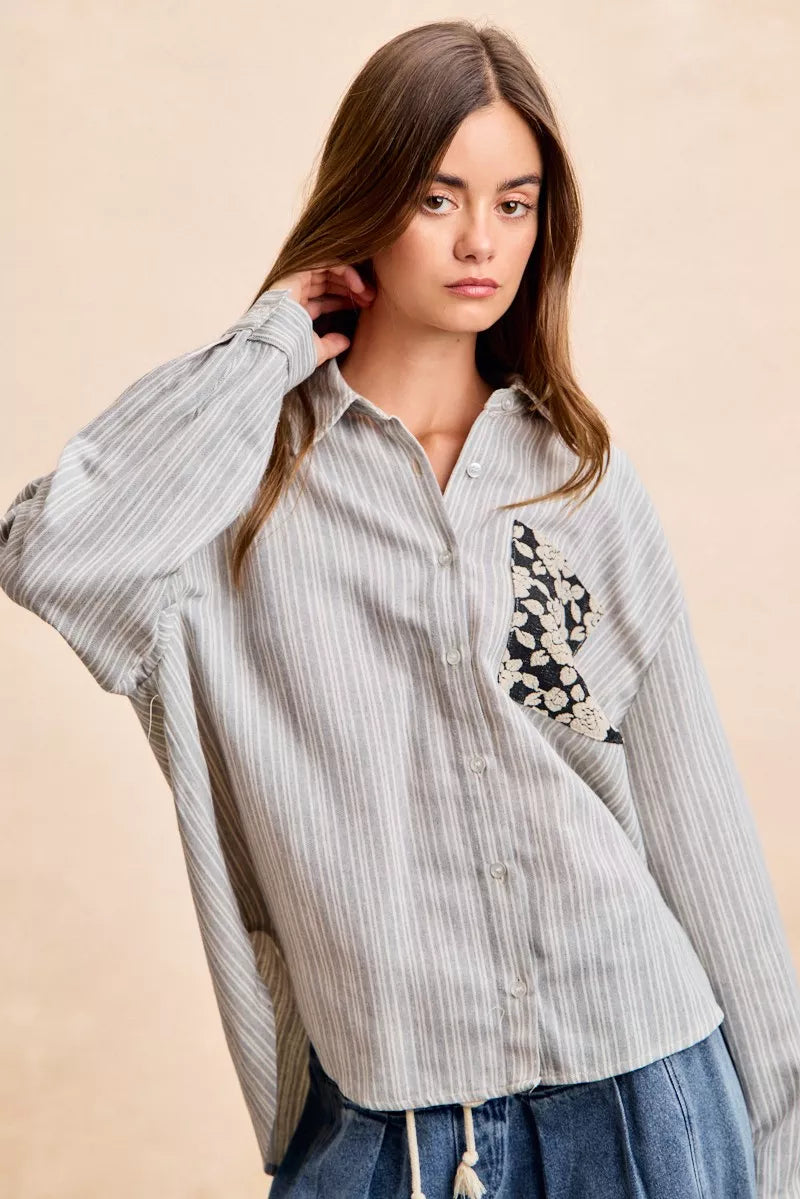 Flower Jacquard Knit Patch Pocket Stripe Shirt