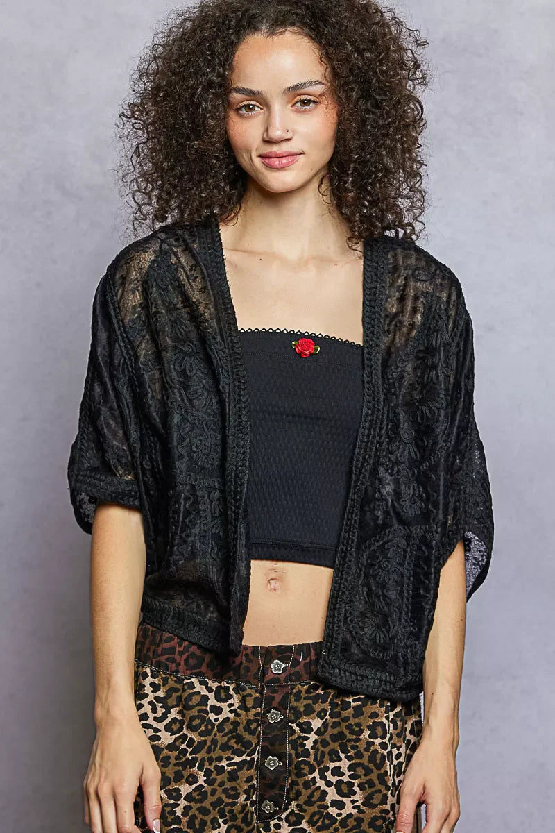 Open Front Crochet Cardigan with Floral Embroidery