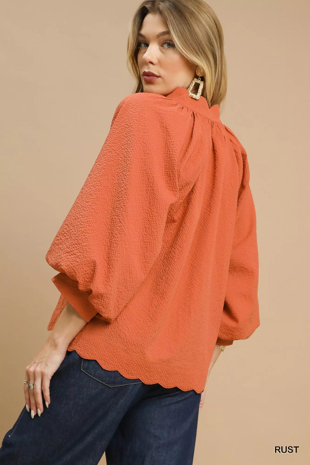 Textured Notched Balloon Sleeve Blouse with Scalloped Hem