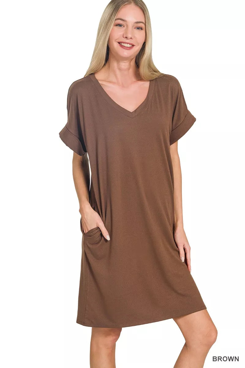 Brushed Dty Rolled Short Sleeve V-Neck Dress