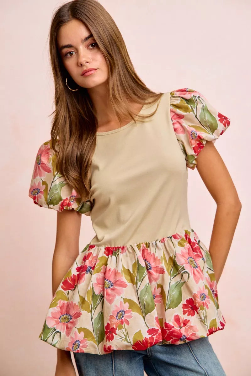 Floral Printed Bubble Sleeves and Hem Peplum Top