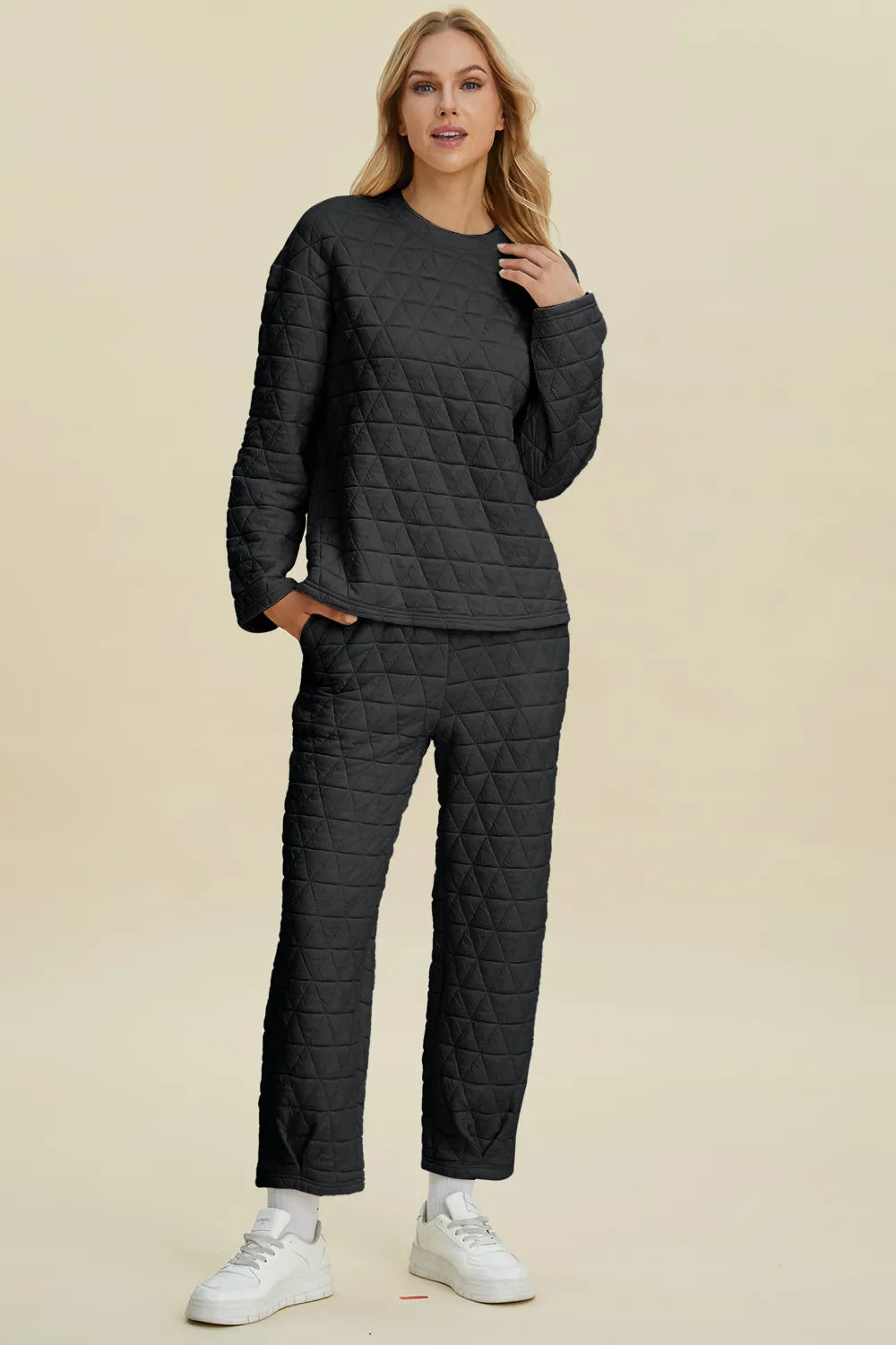 I am a Fashion junky Full Size Texture Round Neck Long Sleeve Top and Pants Set