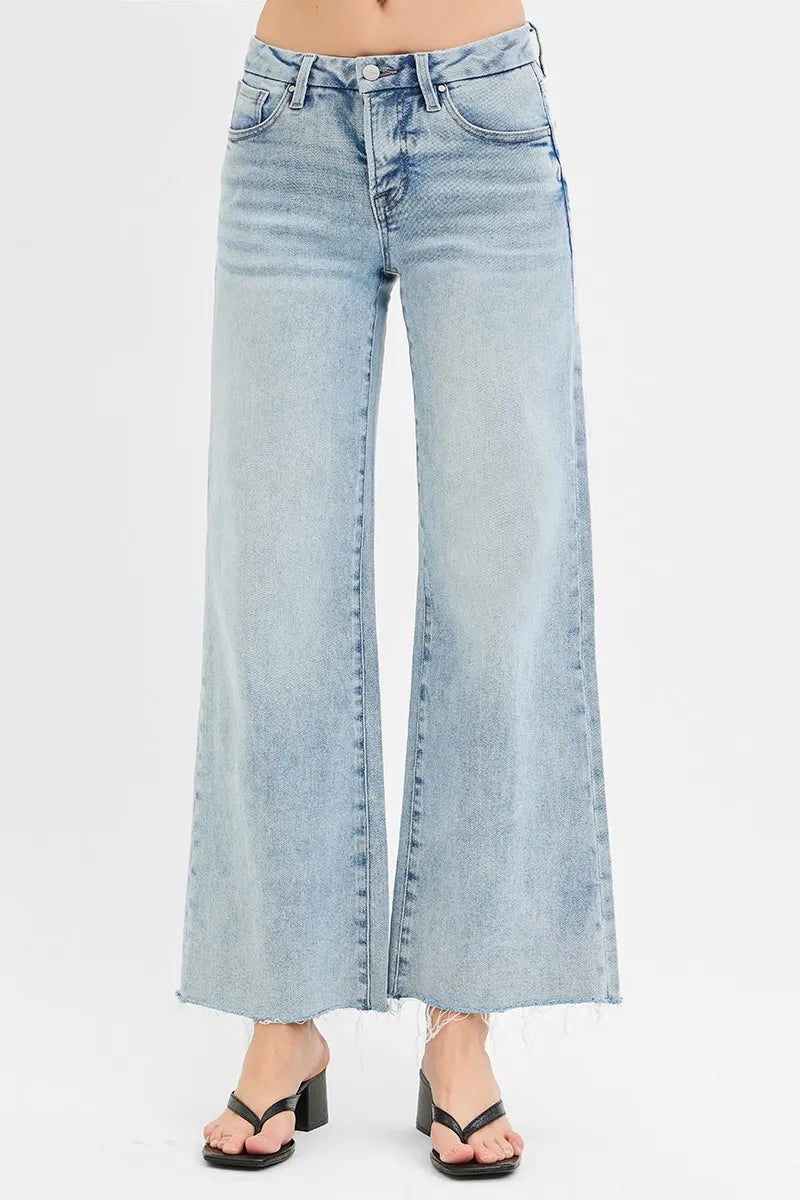 Full Size Tummy Control Low Rise Wide Leg Raw Cut Hem Jeans Plus Size