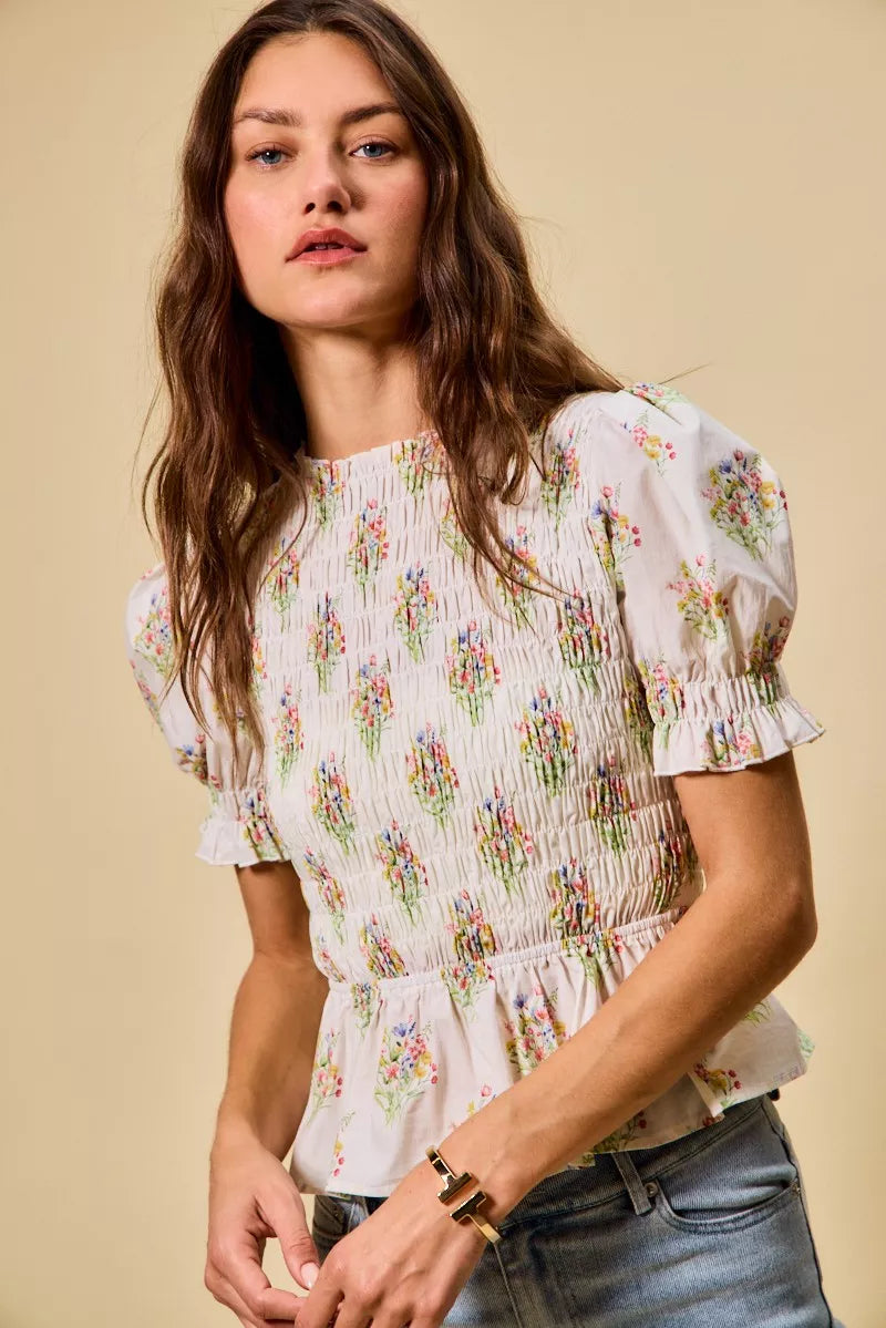 Floral Cotton Smocked Short Sleeves Blouse