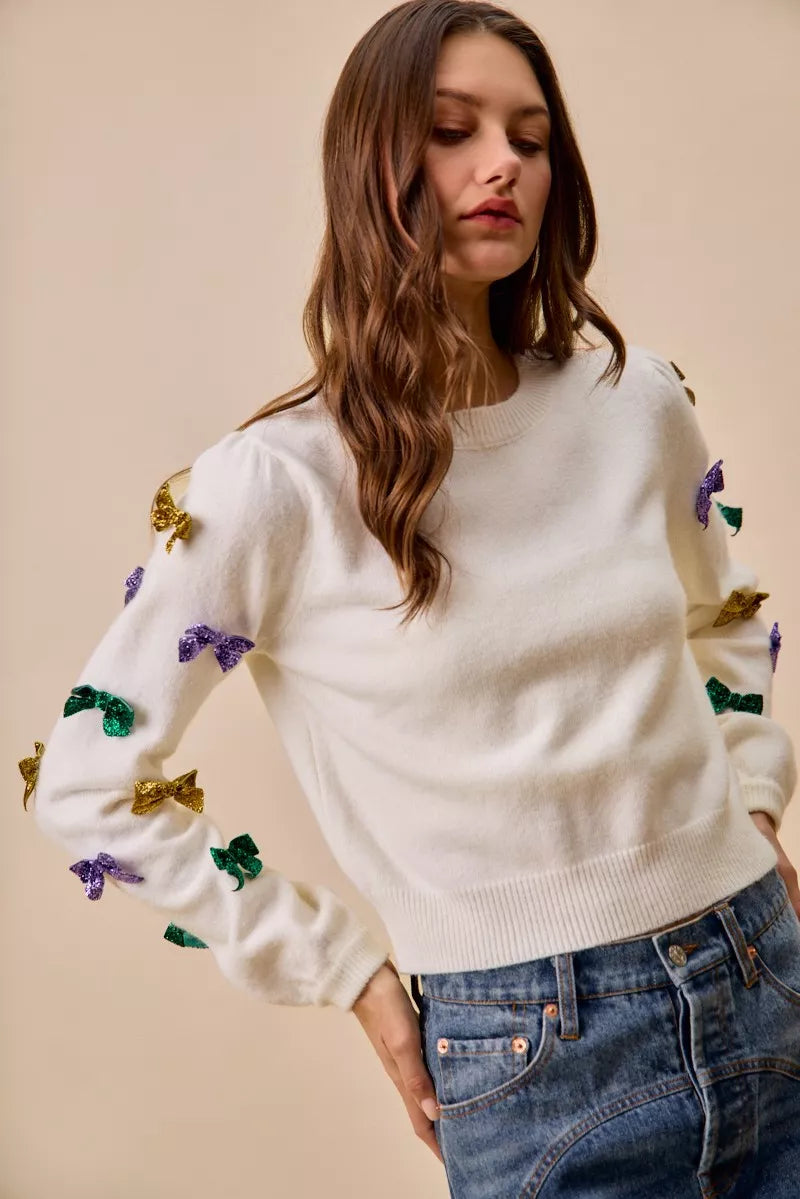Mardi Gras Glitter Bow Ribbon Sweater Knit Top