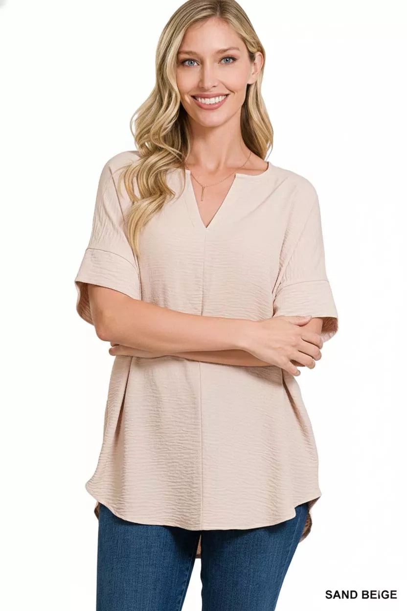 Woven Airflow Split Neck Short Sleeve Top