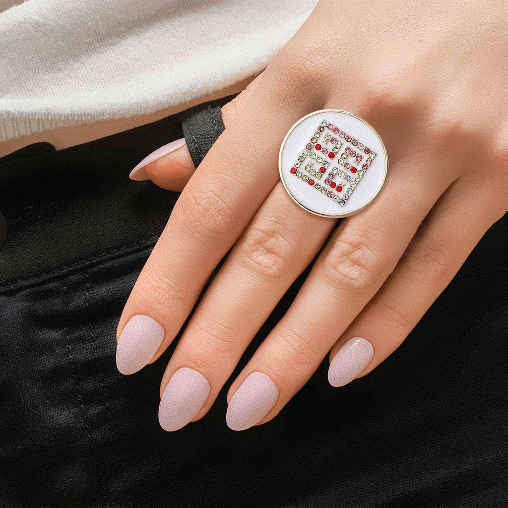 Statement Ring White and Gold Greek Key Stylish Fashion Jewelry