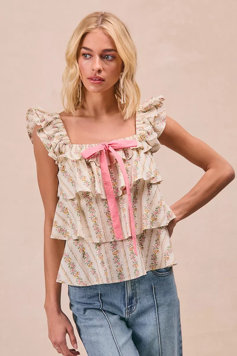 Floral Printed Woven Front Bow Tied Ruffled Square Neck Sleeveless Top