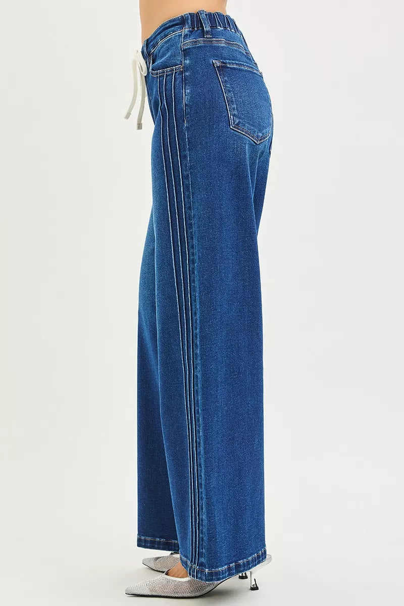 Full Size Mid Rise Wide Side Pintuck Jeans with Front Drawstring Plus Size