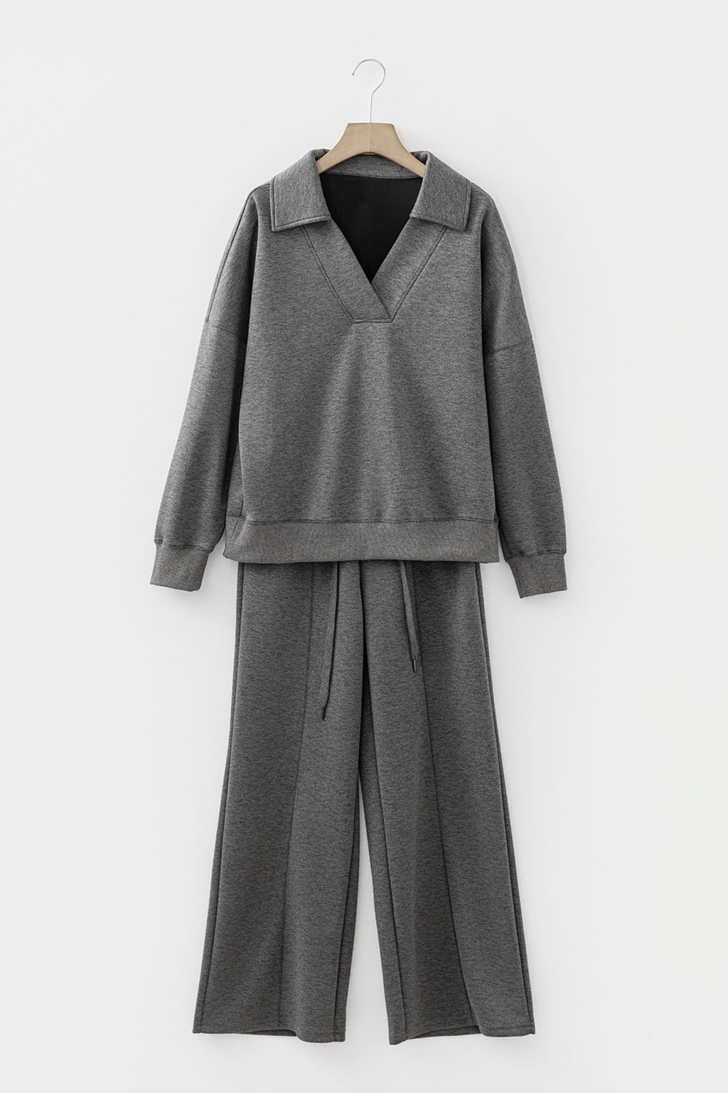 Medium Grey Collared V Neck Pullover Sweatshirt Sweatpants Set