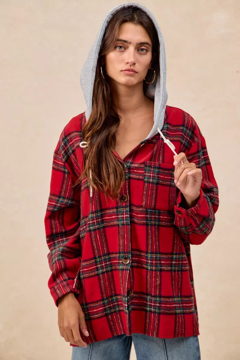 Brushed Plaid Hooded Jacket