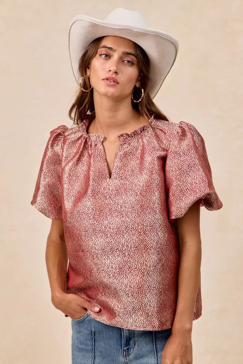 Jacquard Woven Short Balloon Sleeves V Neck Top