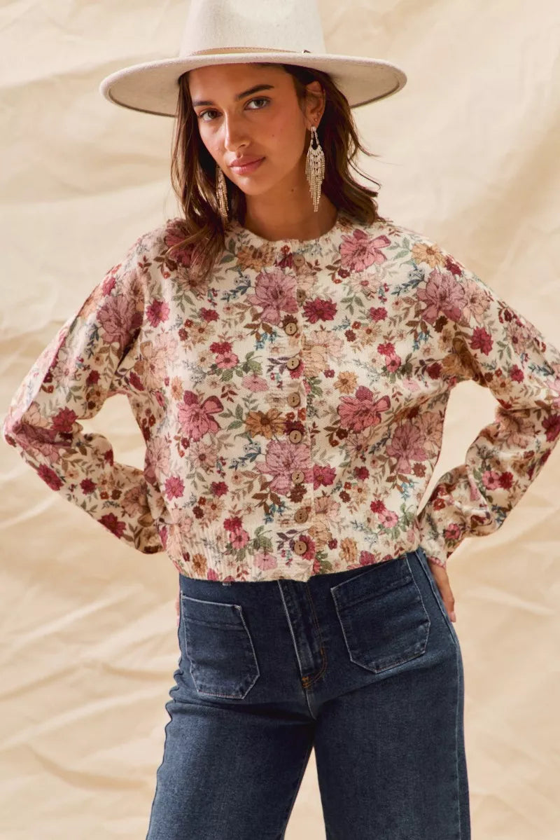 Floral Print Button Front Sweater Cardigan