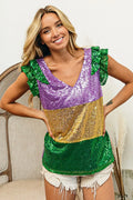 Mardi Gras Sequin Color Block Ruffled Top