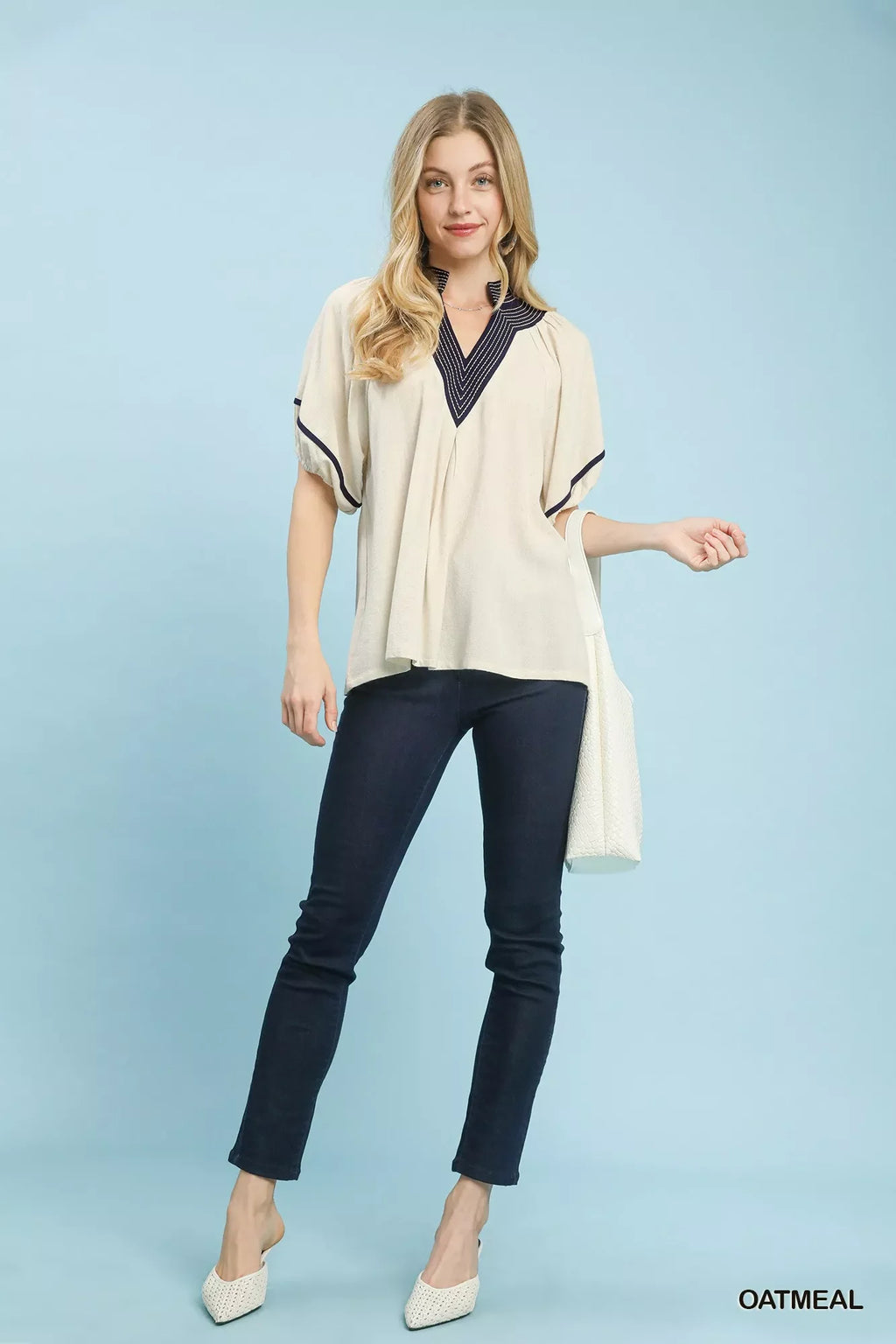 Linen Puff Sleeve Contrast Trim Top