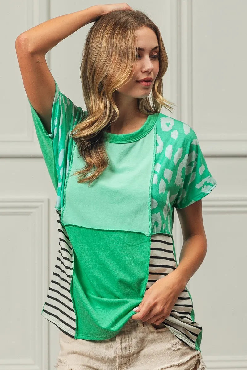 Leopard and Stripe Color Block Top With Exposed Seam