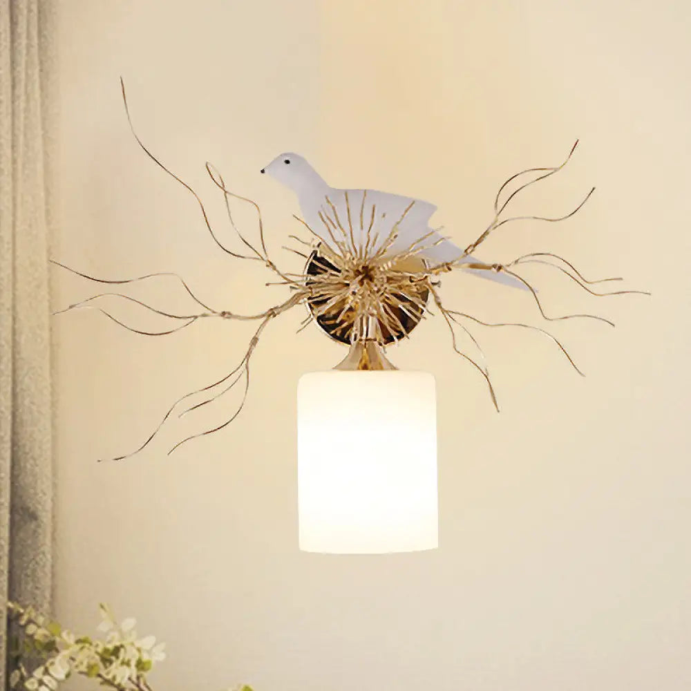 DecorBites™ 1-Head White Glass Wall Lamp for Bedroom - Loft Cylinder Lighting with Bird Accent