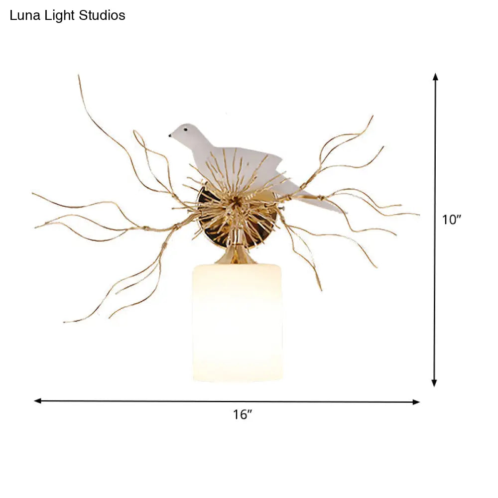 DecorBites™ 1-Head White Glass Wall Lamp for Bedroom - Loft Cylinder Lighting with Bird Accent