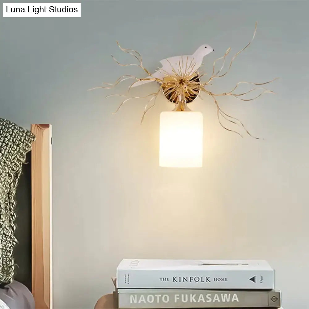 DecorBites™ 1-Head White Glass Wall Lamp for Bedroom - Loft Cylinder Lighting with Bird Accent
