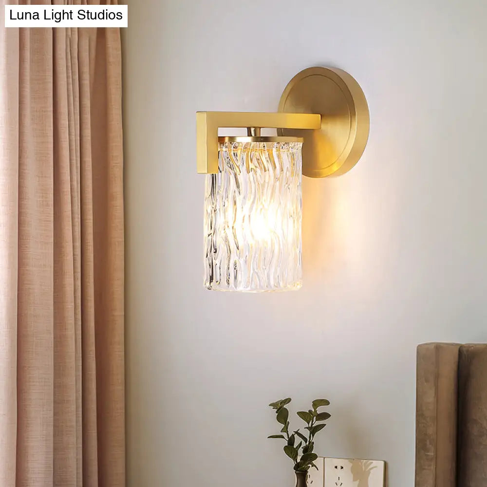 DecorBites™ 1-Light Brass Wall Mount for Bedroom with Cylinder Rippled Glass